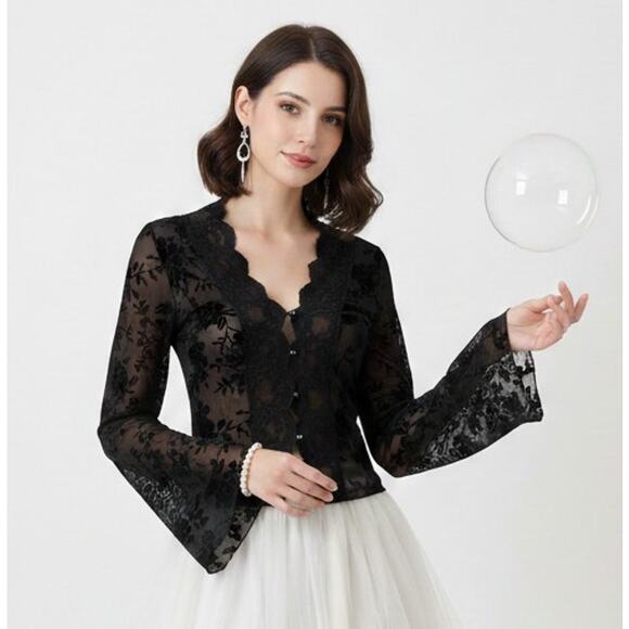 Unbranded Tops - Whimsigoth Black Floral Burnout Velvet Lace Top - Bell Sleeve M Fits like S/XS